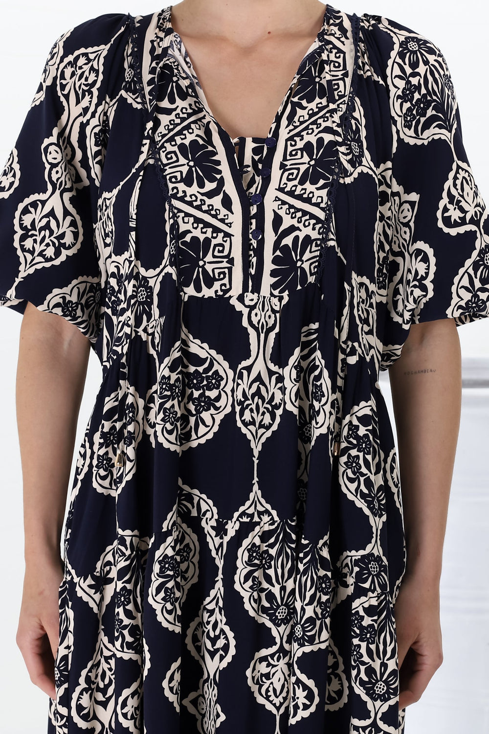 Kamali Midi Dress - Batwing Sleeve Smock Dress with Lace Detailing in Belle Print Navy
