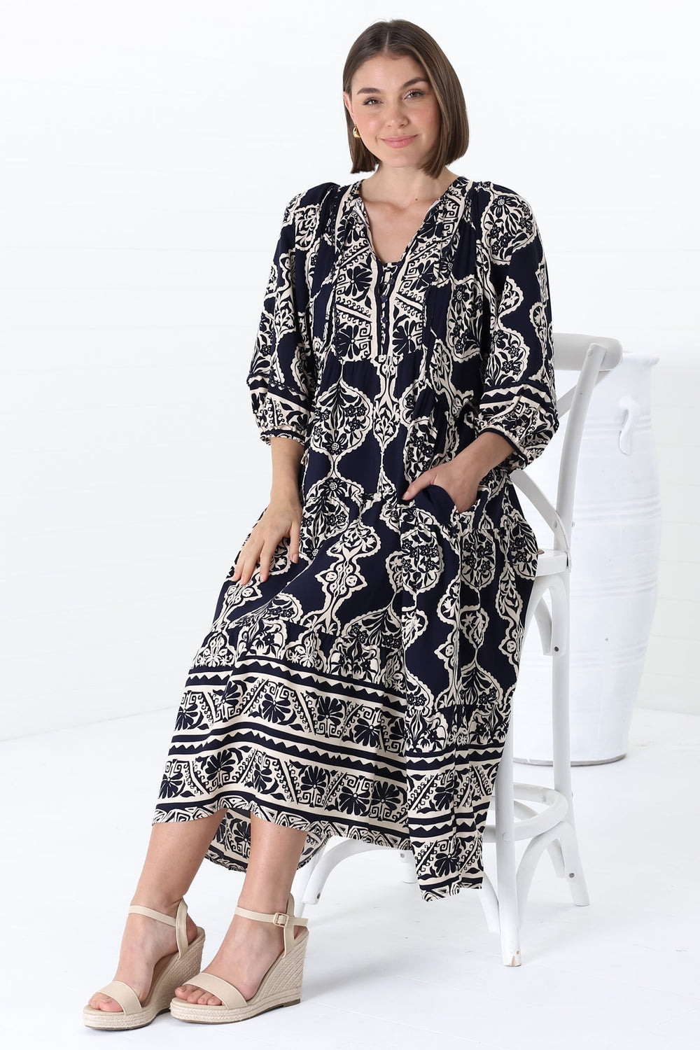 Kamali Midi Dress - Batwing Sleeve Smock Dress with Lace Detailing in Belle Print Navy