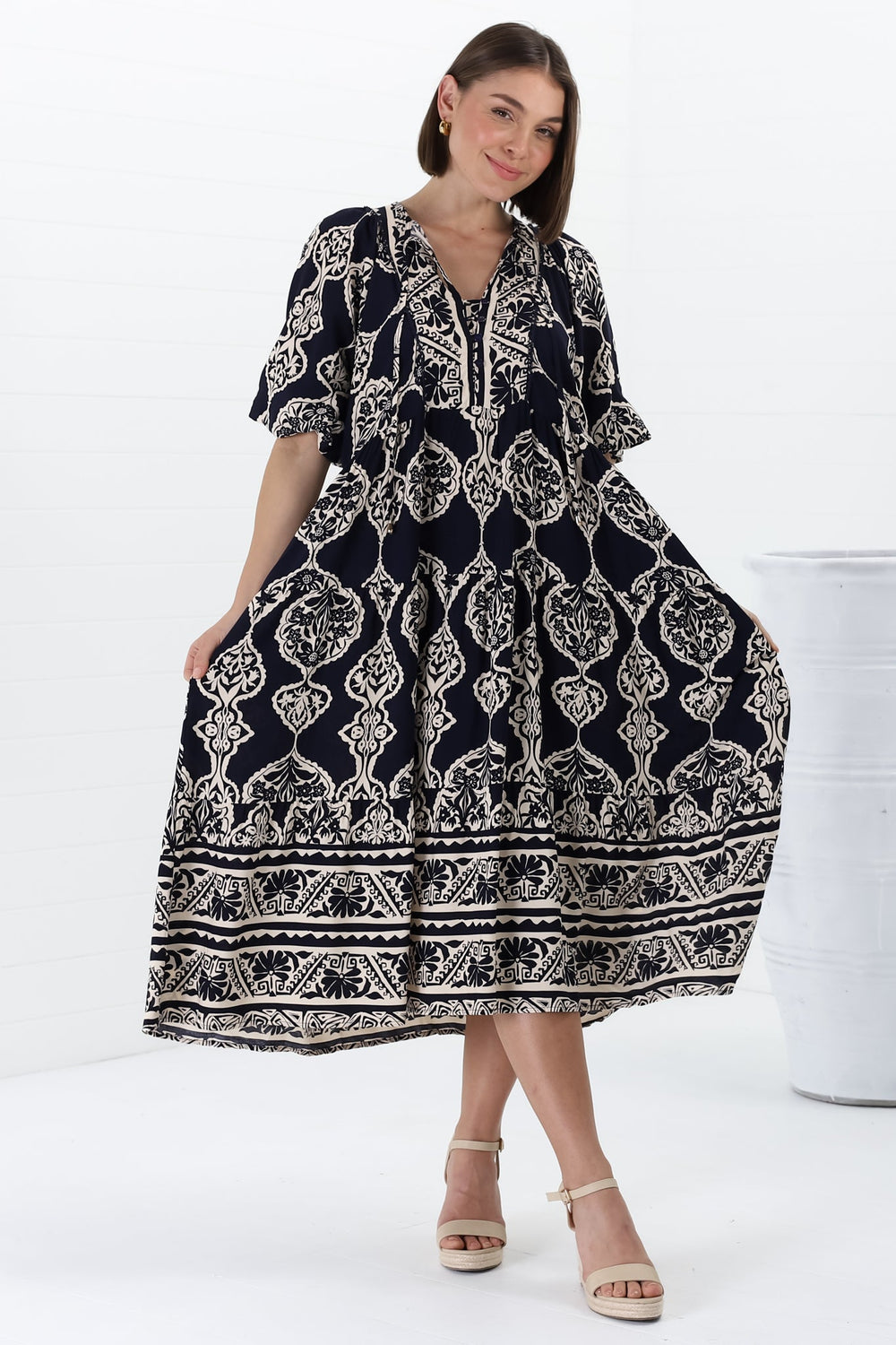 Kamali Midi Dress - Batwing Sleeve Smock Dress with Lace Detailing in Belle Print Navy