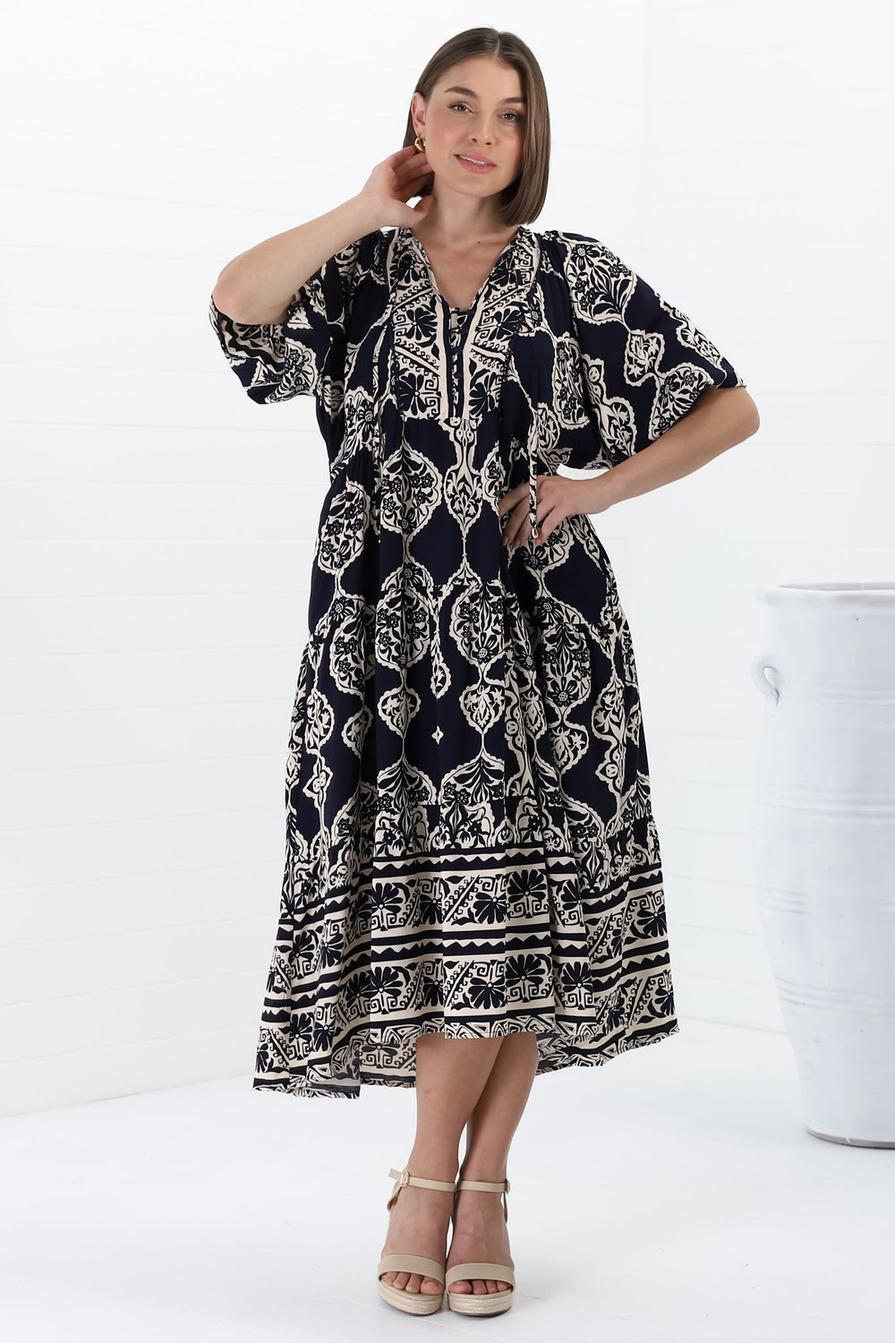 Kamali Midi Dress - Batwing Sleeve Smock Dress with Lace Detailing in Belle Print Navy