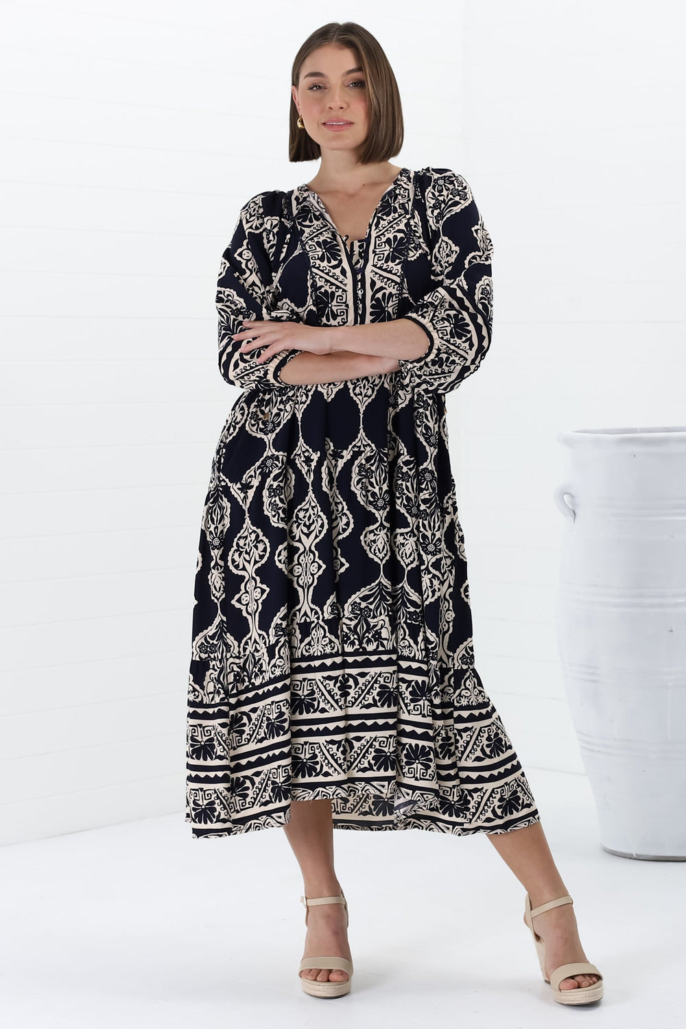 Kamali Midi Dress - Batwing Sleeve Smock Dress with Lace Detailing in Belle Print Navy