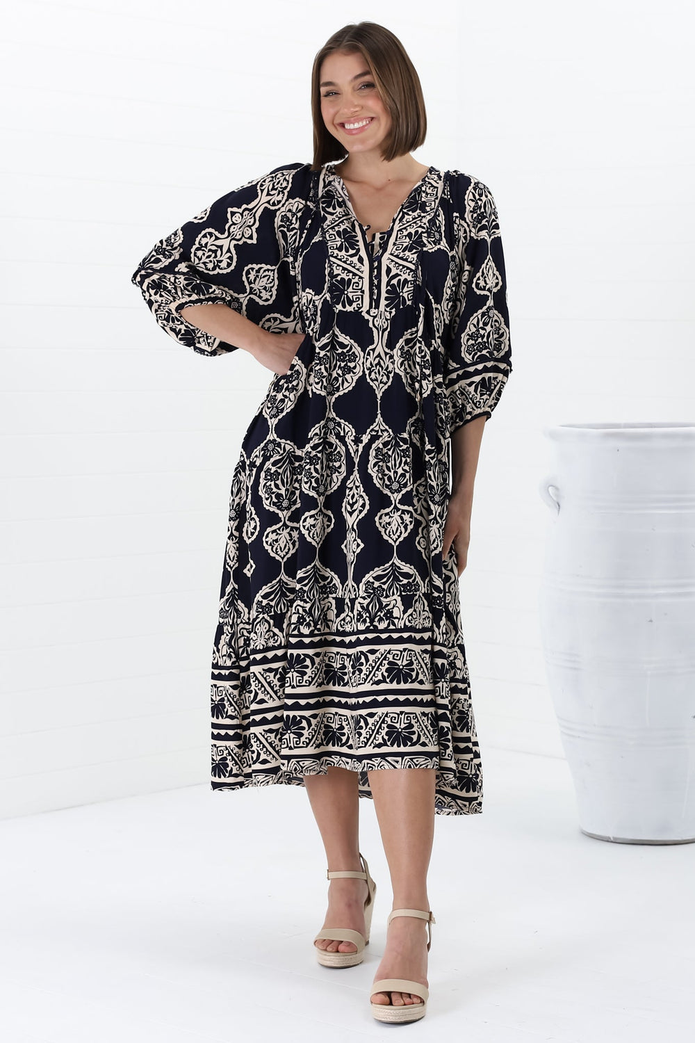 Kamali Midi Dress - Batwing Sleeve Smock Dress with Lace Detailing in Belle Print Navy