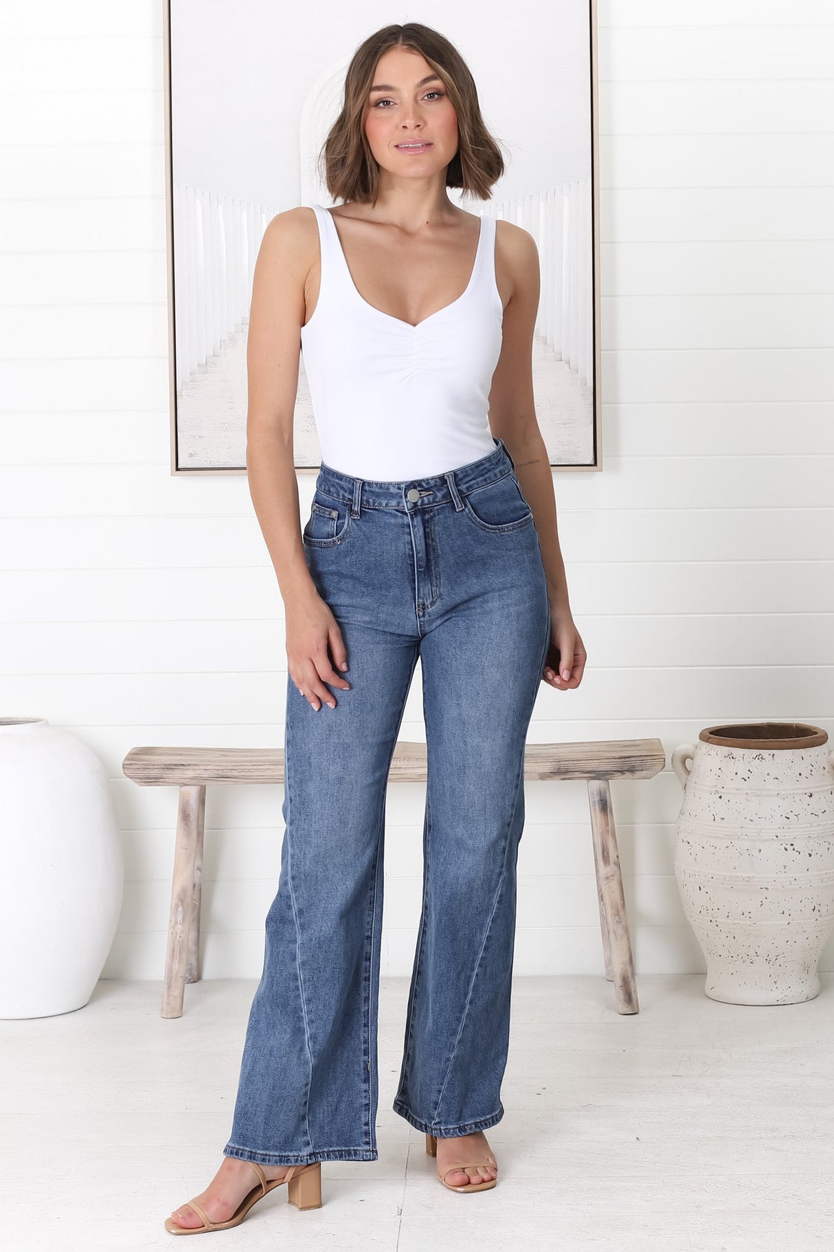 Mordana High Waist Detailed Flare Jeans in Dark Denim