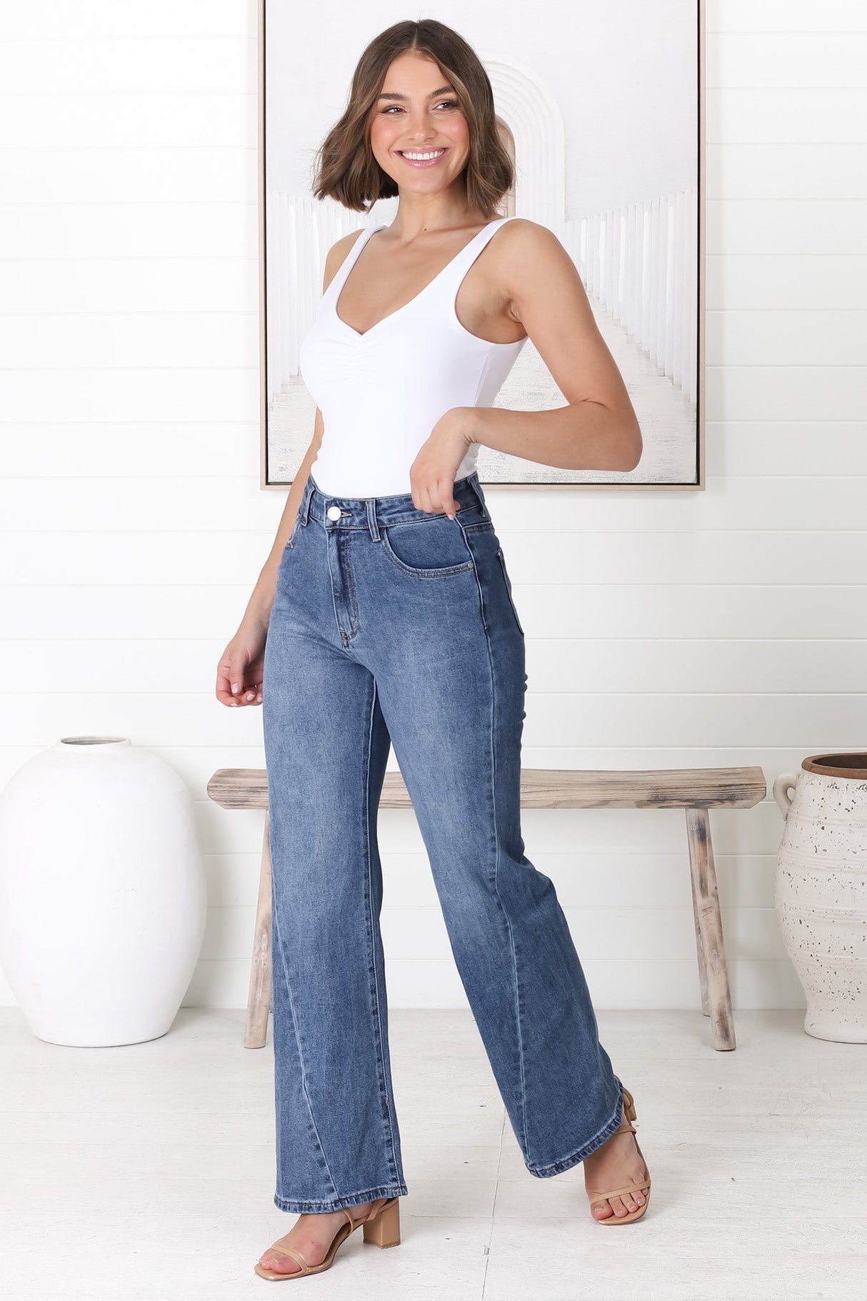 Mordana High Waist Detailed Flare Jeans in Dark Denim