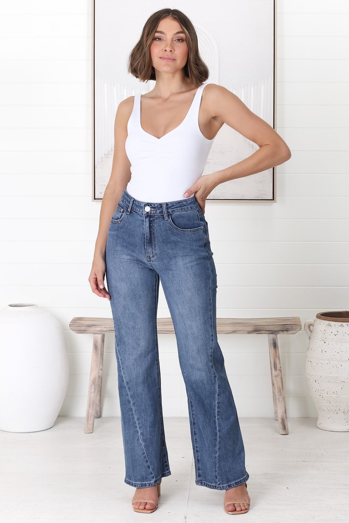 Mordana High Waist Detailed Flare Jeans in Dark Denim