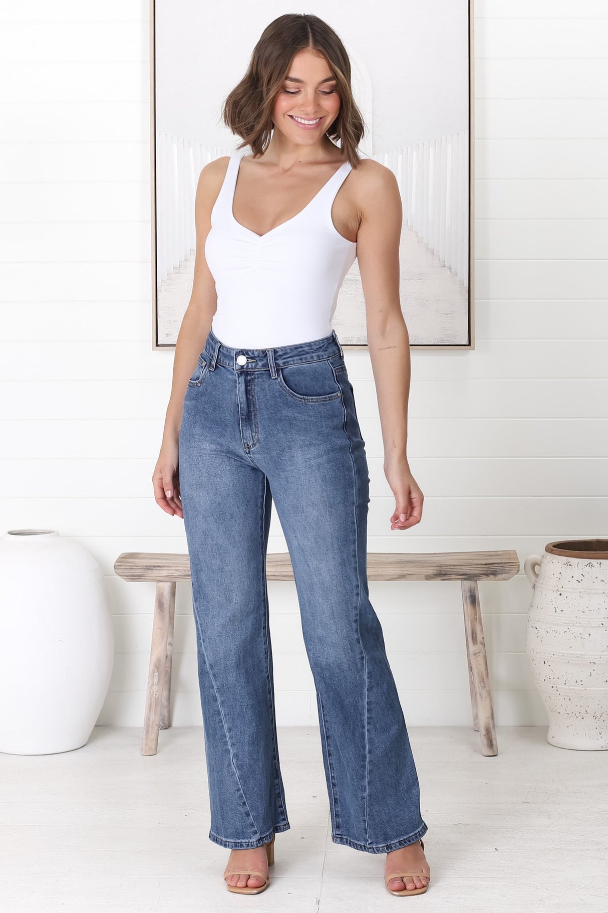 Mordana High Waist Detailed Flare Jeans in Dark Denim