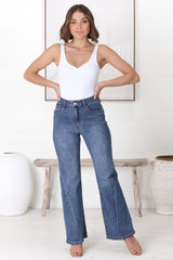 Mordana High Waist Detailed Flare Jeans in Dark Denim