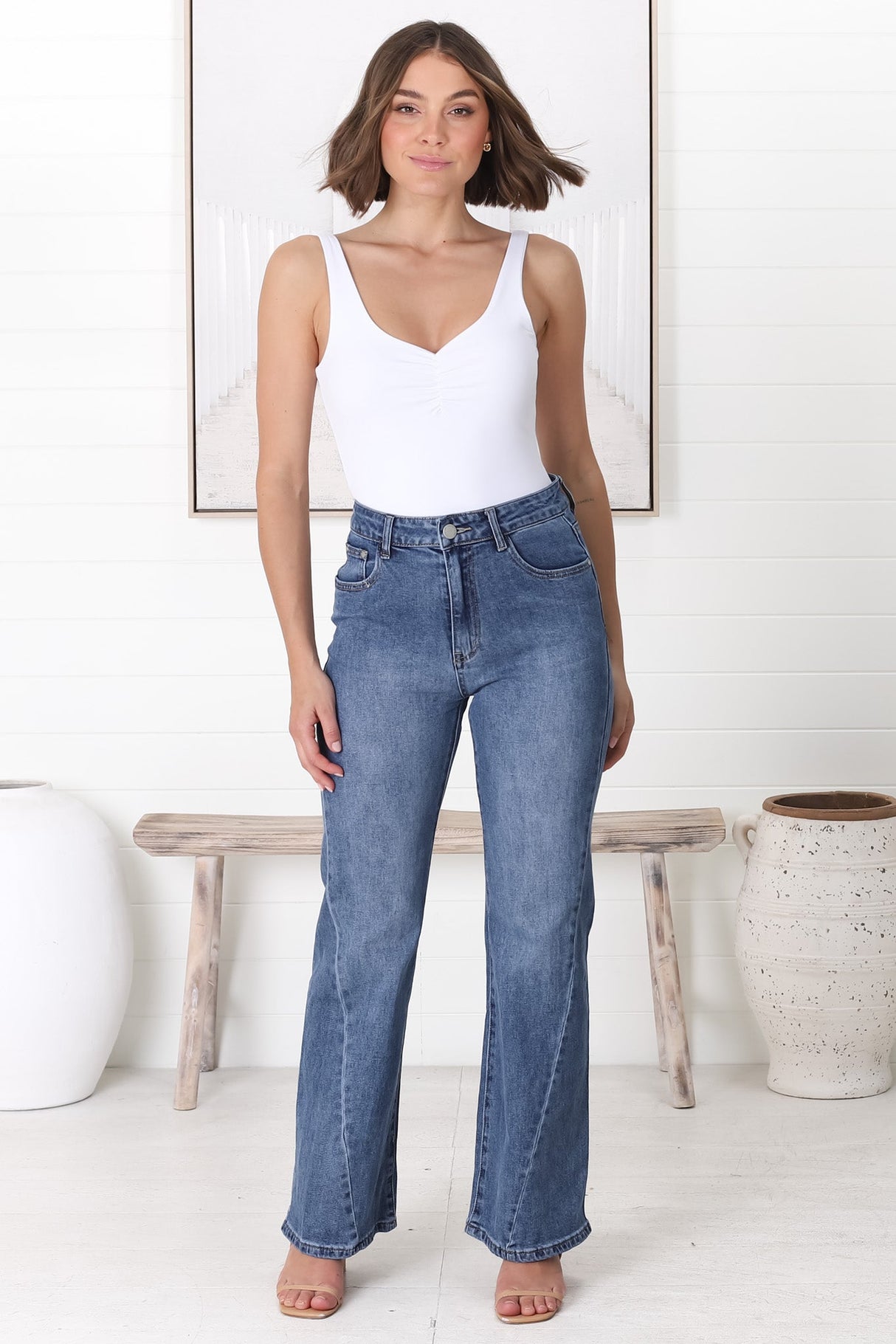 Mordana High Waist Detailed Flare Jeans in Dark Denim