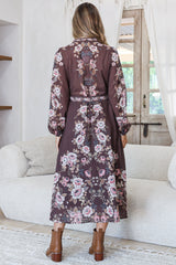 Moreana Midi Dress - Mandarin Collar Button Down Long Sleeve Dress with Belt in Fontana Print Brown