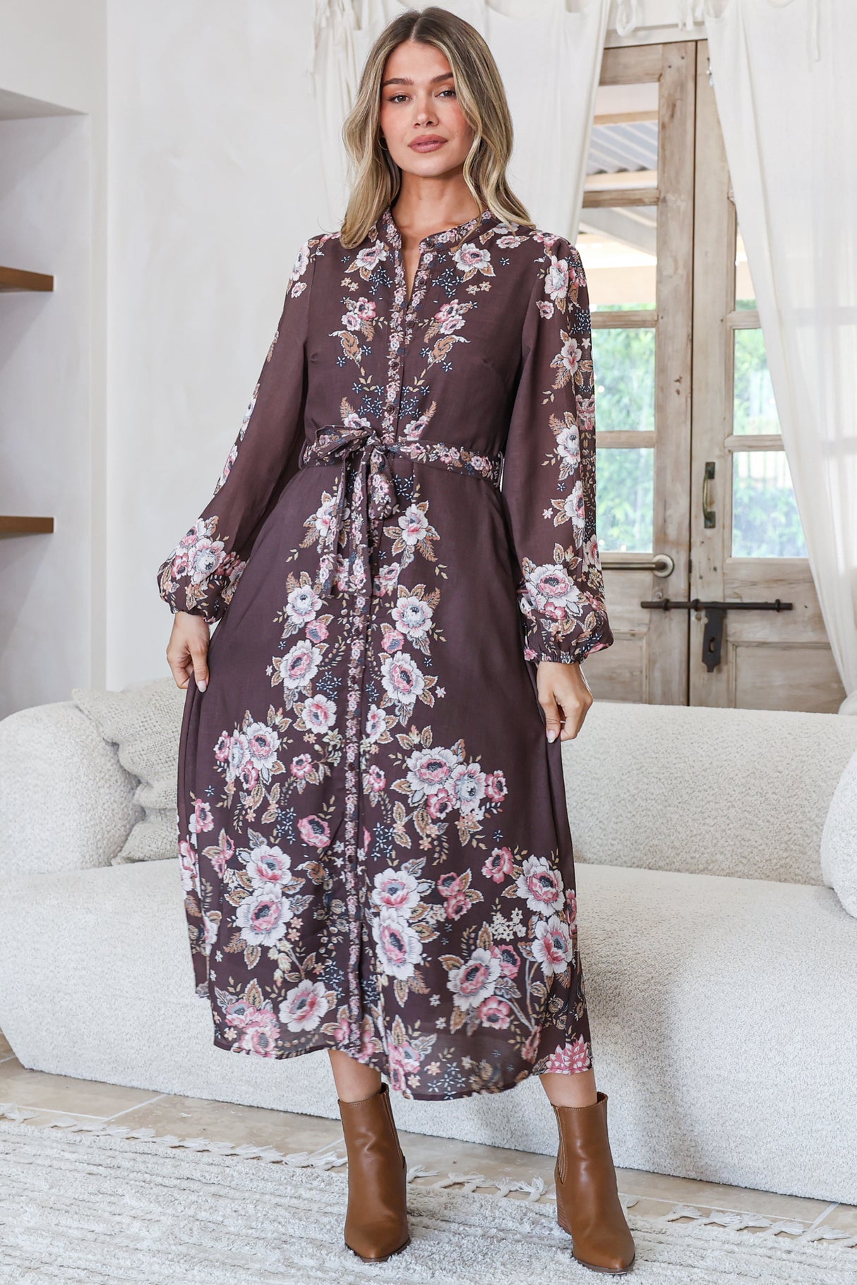 Moreana Midi Dress - Mandarin Collar Button Down Long Sleeve Dress with Belt in Fontana Print Brown