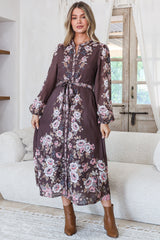Moreana Midi Dress - Mandarin Collar Button Down Long Sleeve Dress with Belt in Fontana Print Brown