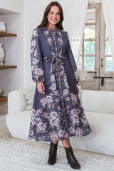 Moreana Midi Dress - Mandarin Collar Button Down Long Sleeve Dress with Belt in Fontana Print Grey