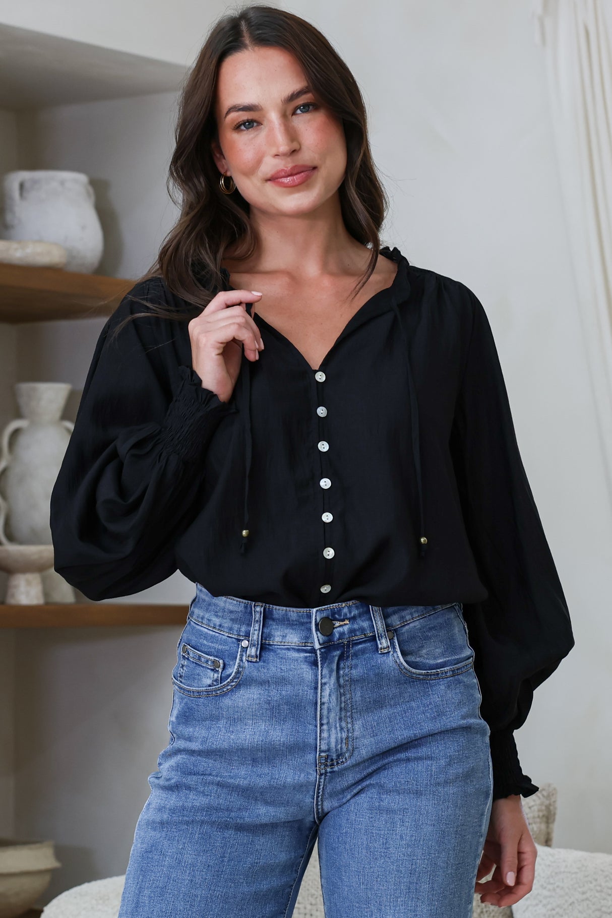 Moree Blouse - Frill Collar Neck Tie Button Down Shirt in Black