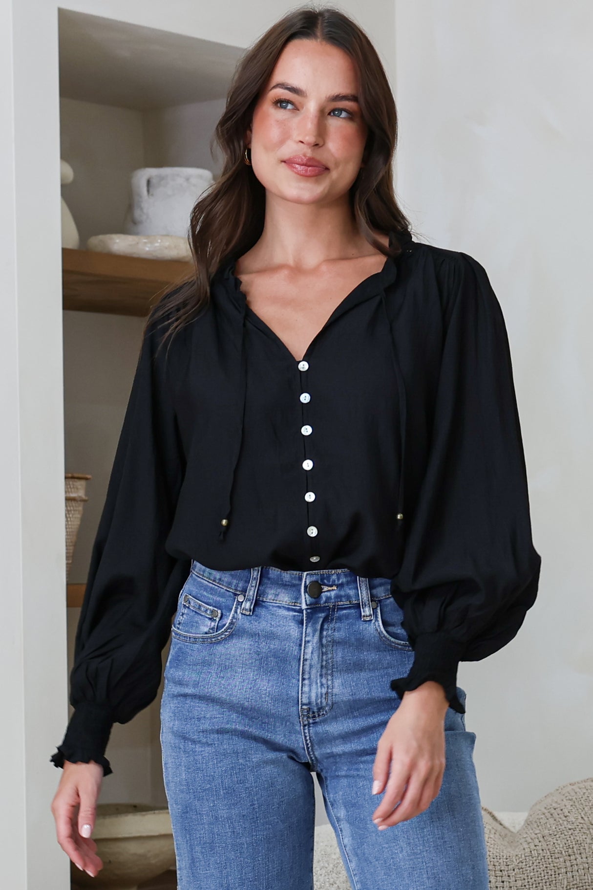 Moree Blouse - Frill Collar Neck Tie Button Down Shirt in Black