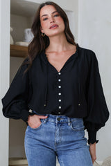 Moree Blouse - Frill Collar Neck Tie Button Down Shirt in Black