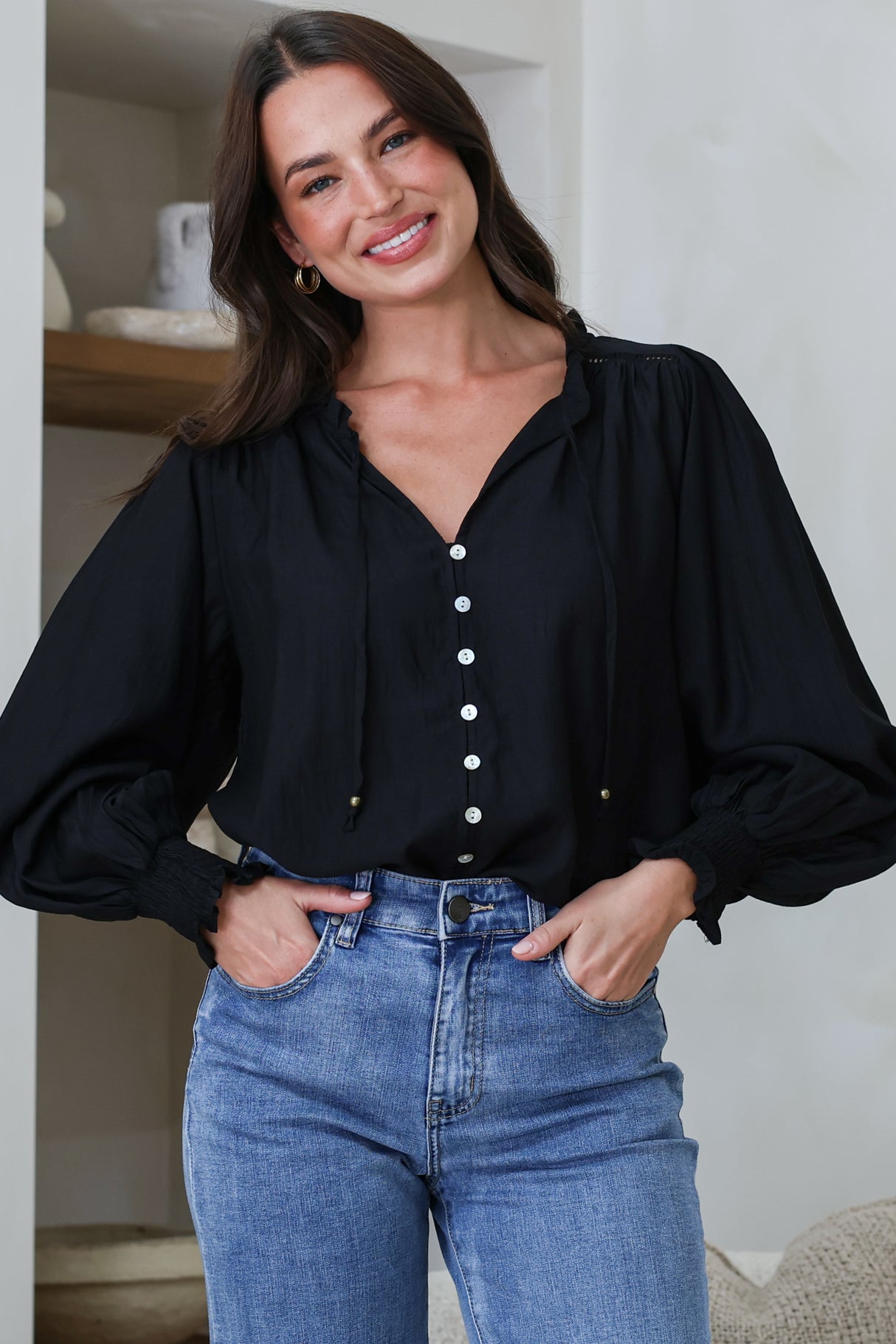 Moree Blouse - Frill Collar Neck Tie Button Down Shirt in Black