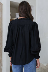 Moree Blouse - Frill Collar Neck Tie Button Down Shirt in Black