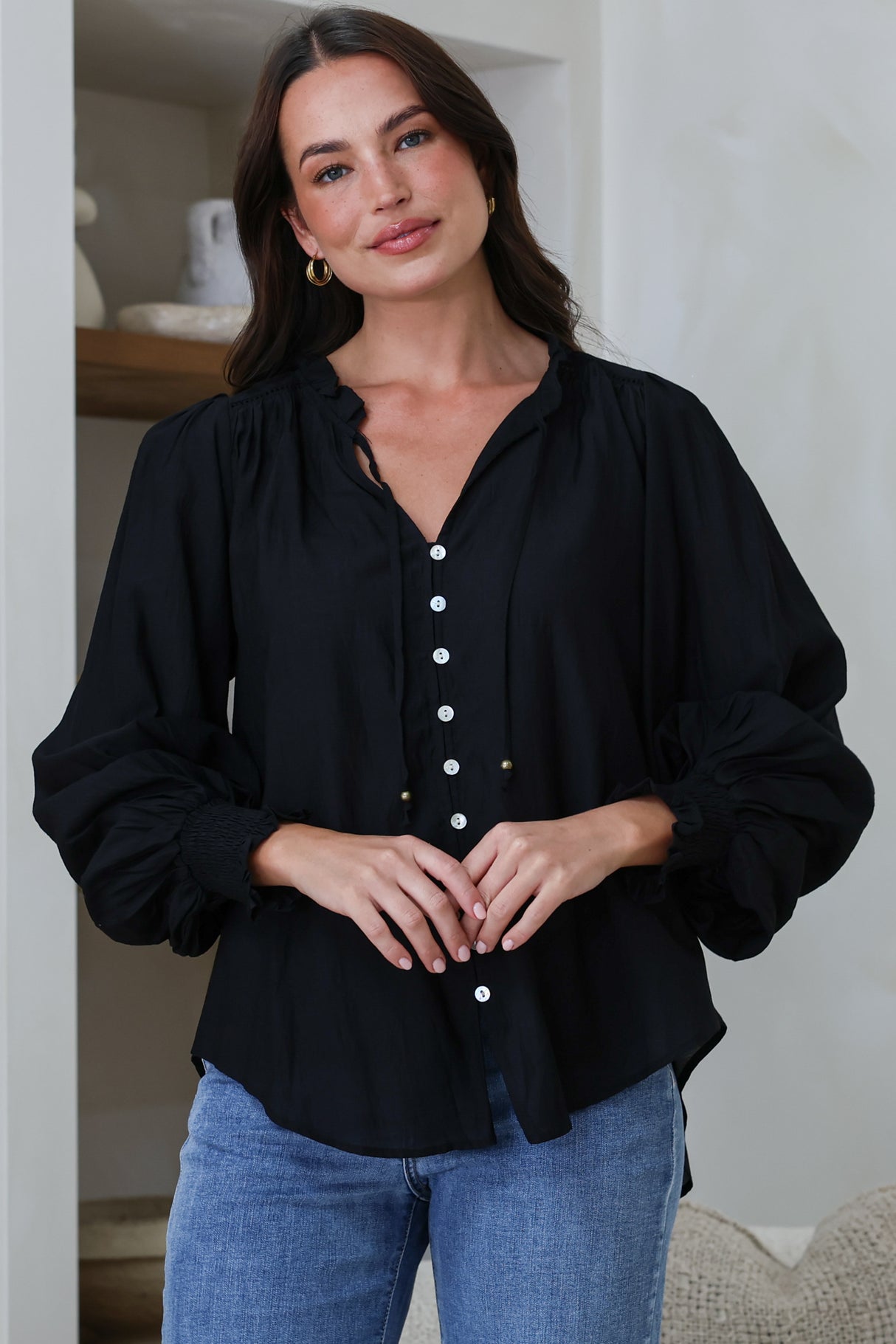 Moree Blouse - Frill Collar Neck Tie Button Down Shirt in Black