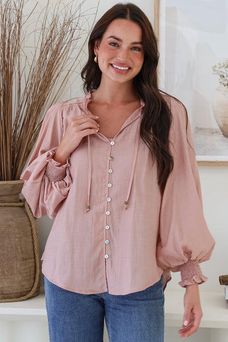 Moree Blouse - Frill Collar Neck Tie Button Down Shirt in Blush