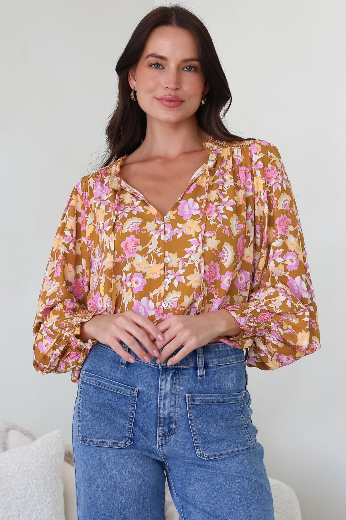 Moree Blouse - Frill Collar Neck Tie Button Down Shirt in Elixir Print