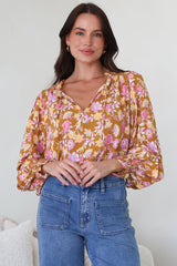 Moree Blouse - Frill Collar Neck Tie Button Down Shirt in Elixir Print