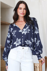 Model wearing Moree Blouse in Midnight Lily Print from Salty Crush