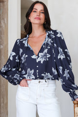 Moree Blouse - Frill Collar Neck Tie Button Down Shirt in Midnight Lily Print