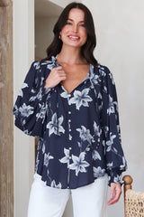 Moree Blouse - Frill Collar Neck Tie Button Down Shirt in Midnight Lily Print