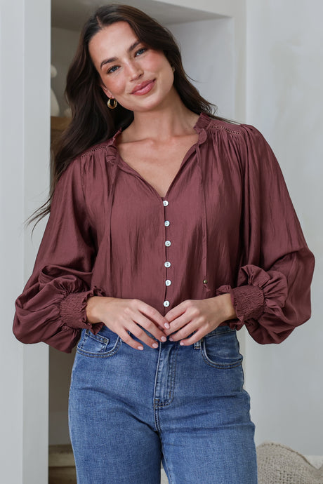Moree Blouse - Frill Collar Neck Tie Button Down Shirt in Mulberry