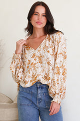 Moree Blouse - Frill Collar Neck Tie Button Down Shirt in Sorrento Print Cream