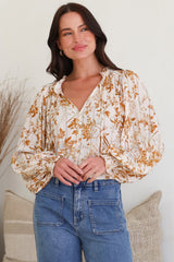 Moree Blouse - Frill Collar Neck Tie Button Down Shirt in Sorrento Print Cream