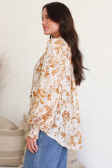 Moree Blouse - Frill Collar Neck Tie Button Down Shirt in Sorrento Print Cream