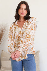 Moree Blouse - Frill Collar Neck Tie Button Down Shirt in Sorrento Print Cream
