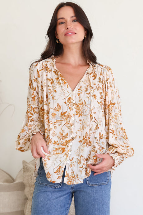 Moree Blouse - Frill Collar Neck Tie Button Down Shirt in Sorrento Print Cream