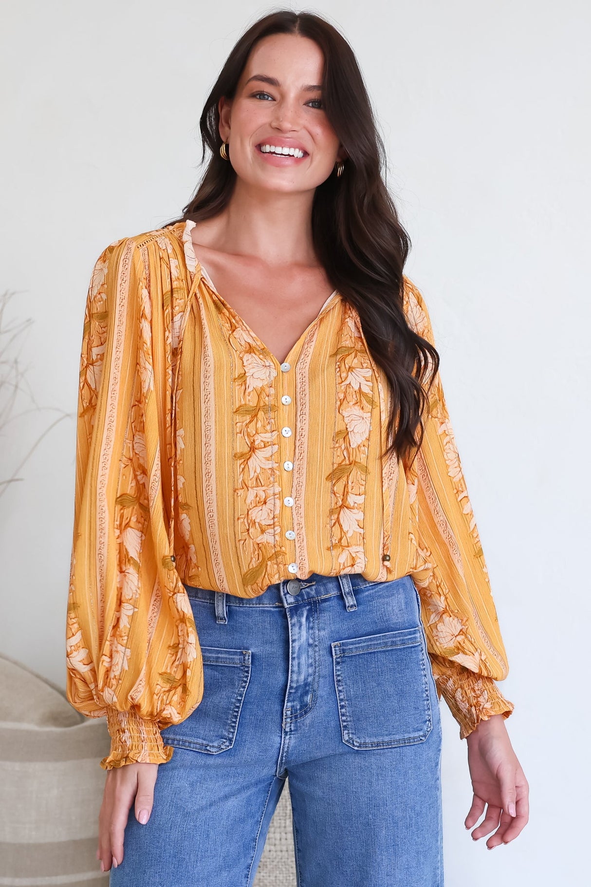 Model wearing Moree Blouse in Totema Print from Salty Crush