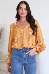 Moree Blouse - Frill Collar Neck Tie Button Down Shirt in Totema Print