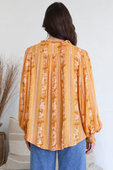 Moree Blouse - Frill Collar Neck Tie Button Down Shirt in Totema Print