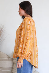 Moree Blouse - Frill Collar Neck Tie Button Down Shirt in Totema Print