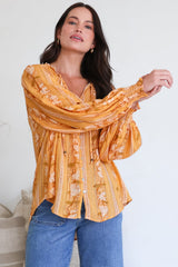 Moree Blouse - Frill Collar Neck Tie Button Down Shirt in Totema Print