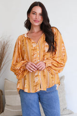 Moree Blouse - Frill Collar Neck Tie Button Down Shirt in Totema Print