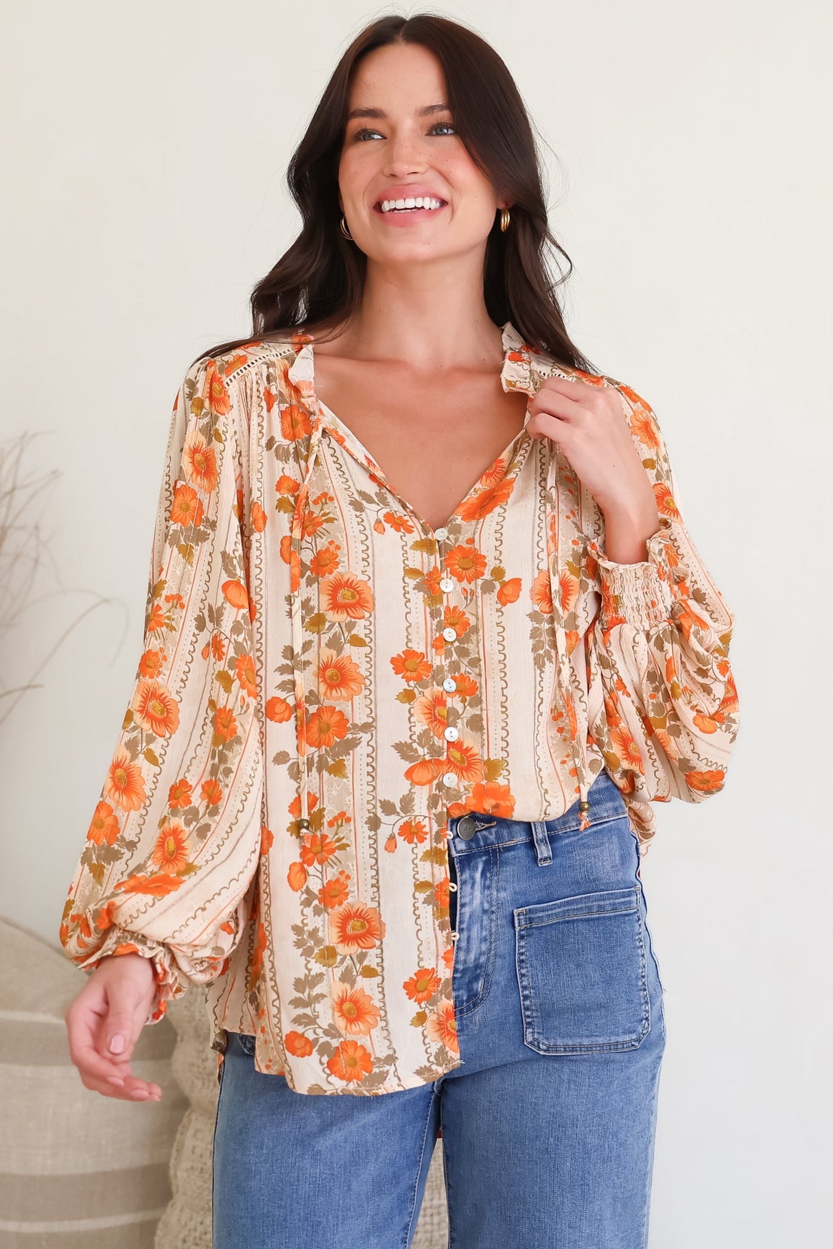 Moree Blouse - Frill Collar Neck Tie Button Down Shirt in Vondrosa Print