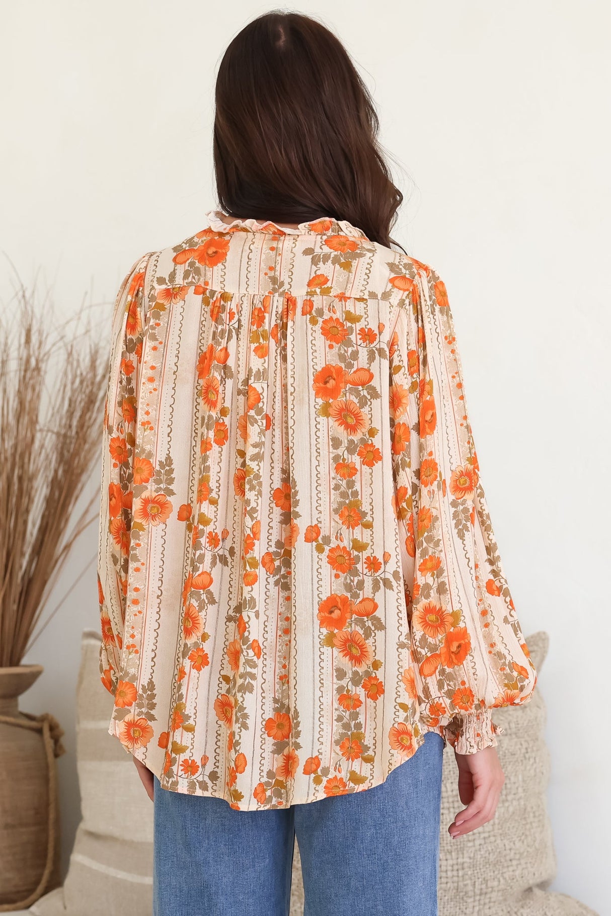 Moree Blouse - Frill Collar Neck Tie Button Down Shirt in Vondrosa Print