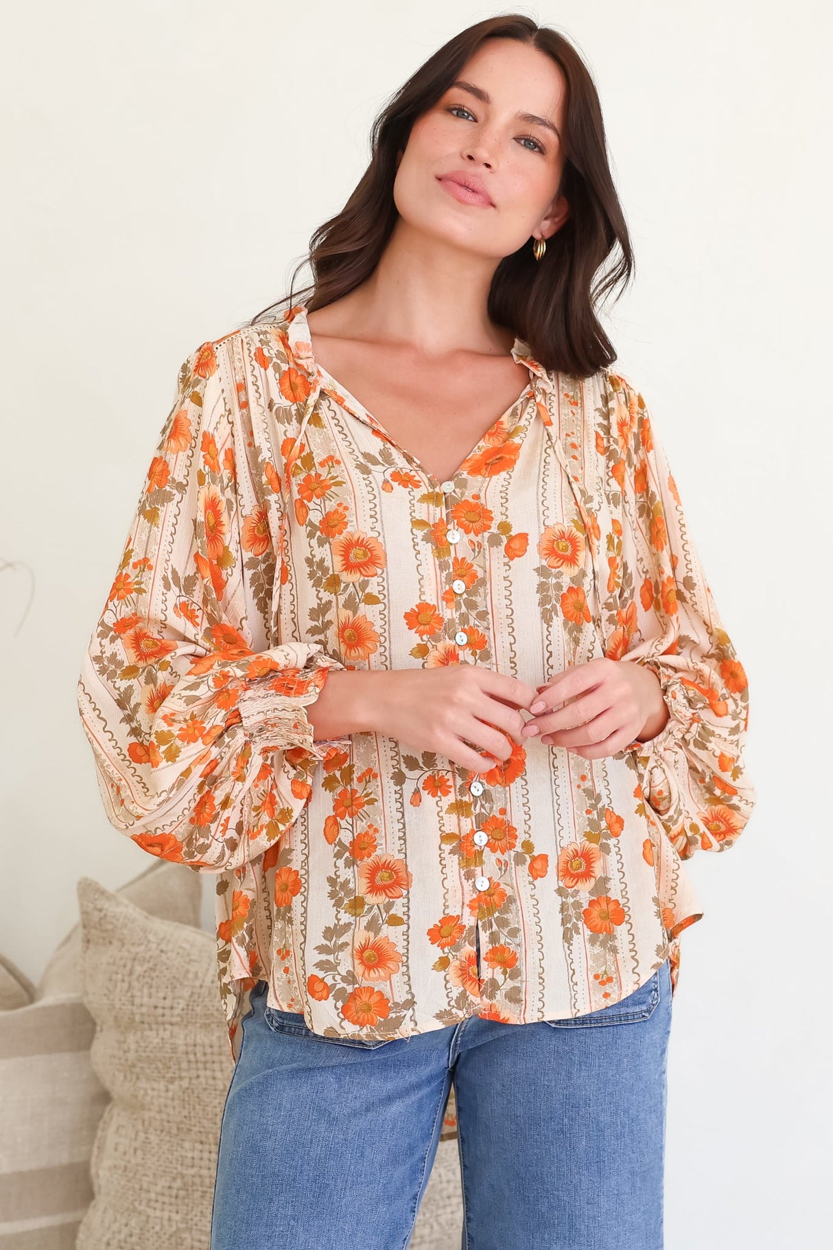 Moree Blouse - Frill Collar Neck Tie Button Down Shirt in Vondrosa Print