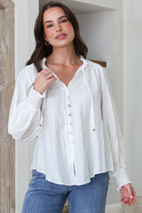 Moree Blouse - Frill Collar Neck Tie Button Down Shirt in White