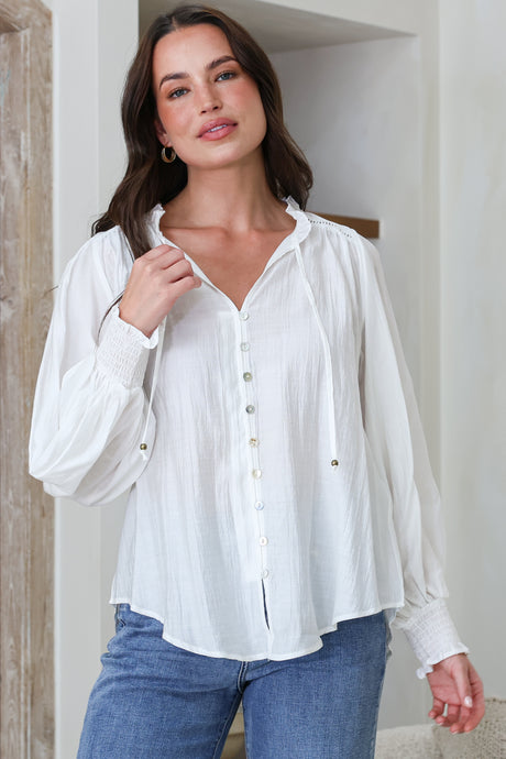 Moree Blouse - Frill Collar Neck Tie Button Down Shirt in White