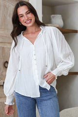 Moree Blouse - Frill Collar Neck Tie Button Down Shirt in White