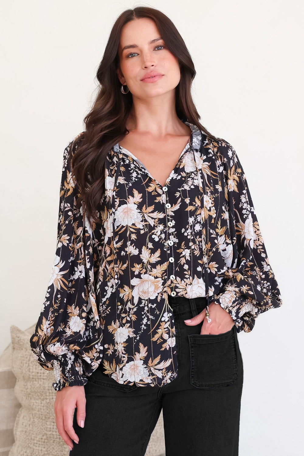 Moree Blouse - Frill Collar Neck Tie Button Down Shirt in Sorrento Print Black