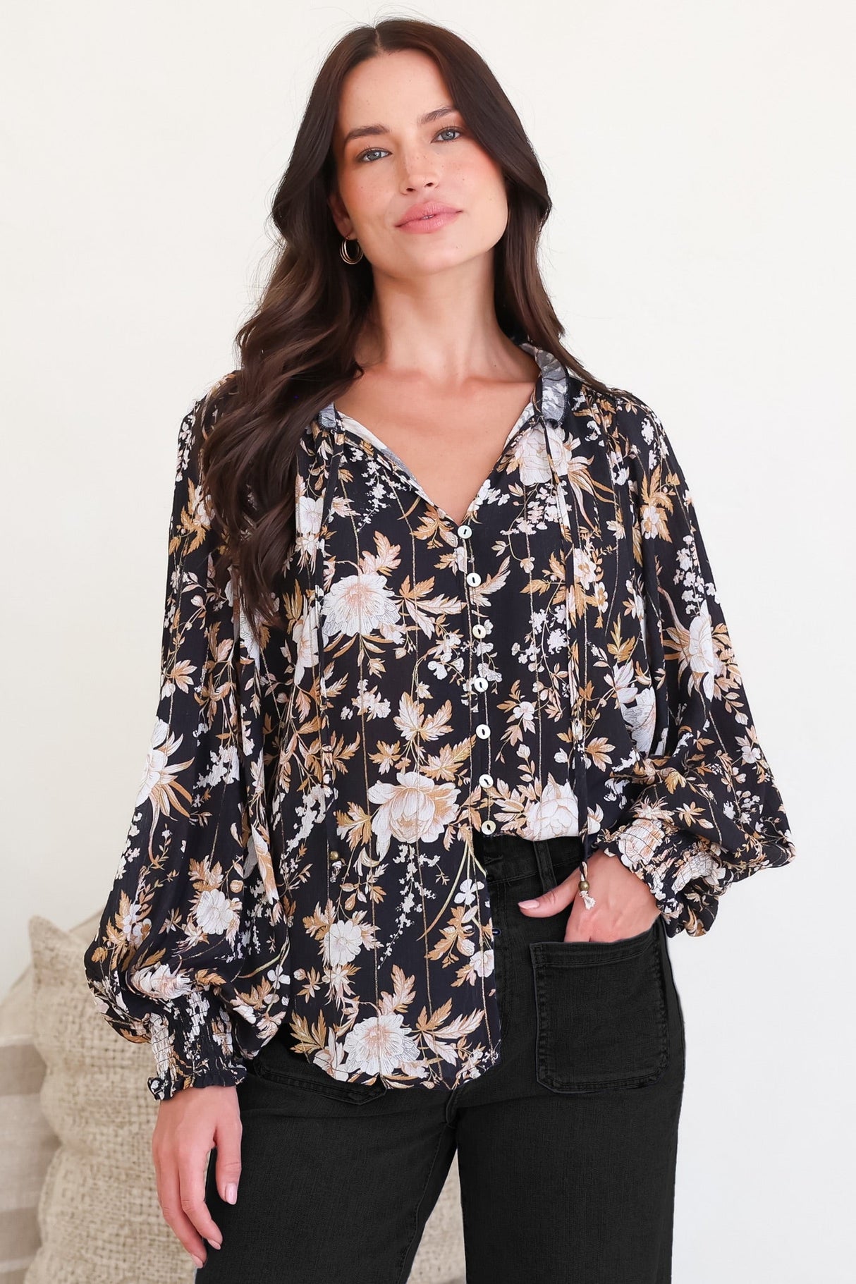 Moree Blouse - Frill Collar Neck Tie Button Down Shirt in Sorrento Print Black