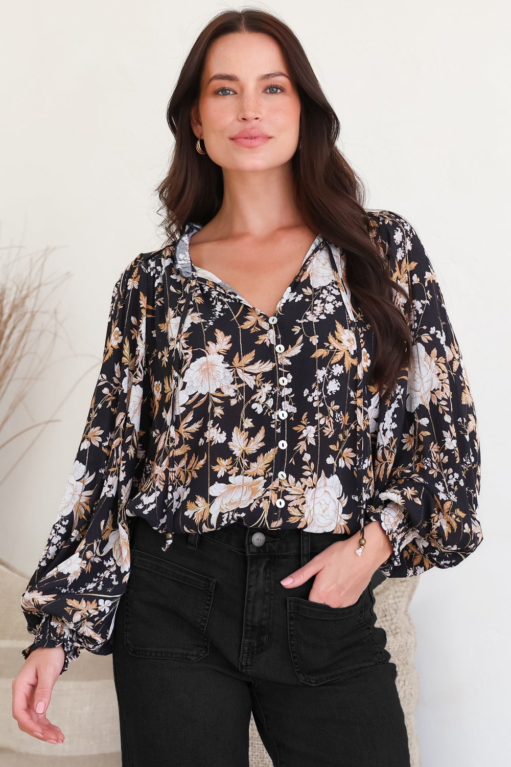 Moree Blouse - Frill Collar Neck Tie Button Down Shirt in Sorrento Print Black