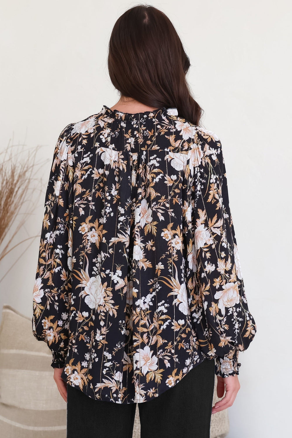 Moree Blouse - Frill Collar Neck Tie Button Down Shirt in Sorrento Print Black